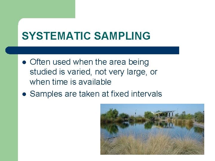SYSTEMATIC SAMPLING l l Often used when the area being studied is varied, not