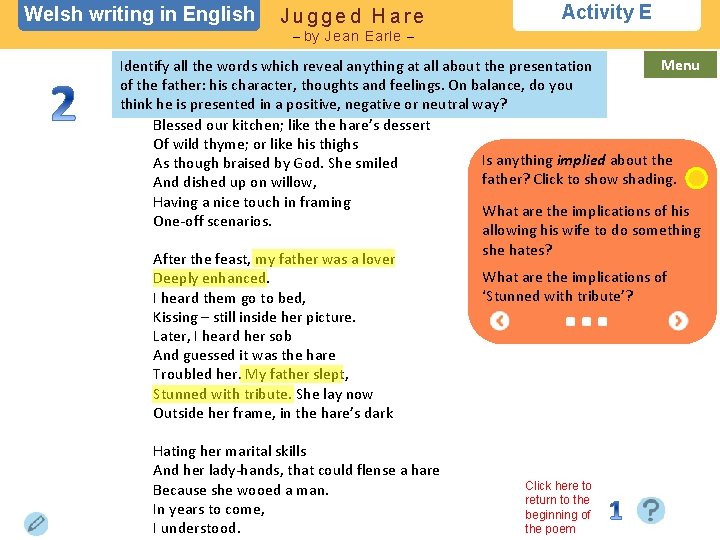Welsh writing in English Jugged Hare Activity E – by Jean Earle – Menu