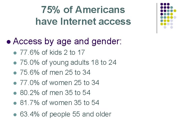 75% of Americans have Internet access l Access by age and gender: l 77.