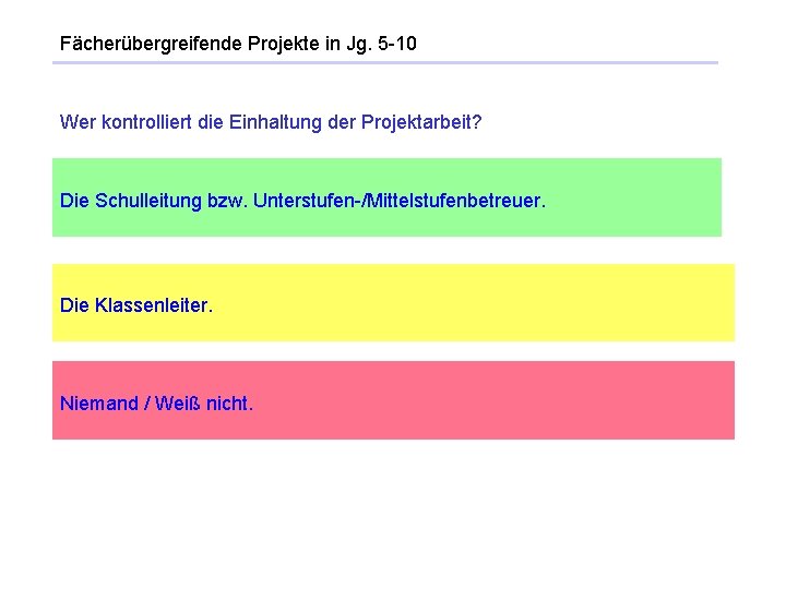 Fächerübergreifende Projekte in Jg. 5 -10 Wer kontrolliert die Einhaltung der Projektarbeit? Die Schulleitung