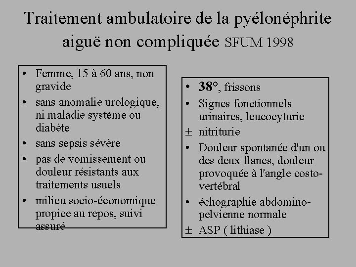 Traitement ambulatoire de la pyélonéphrite aiguë non compliquée SFUM 1998 • Femme, 15 à