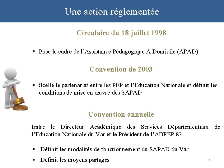 Une action réglementée Circulaire du 18 juillet 1998 § Pose le cadre de l’Assistance