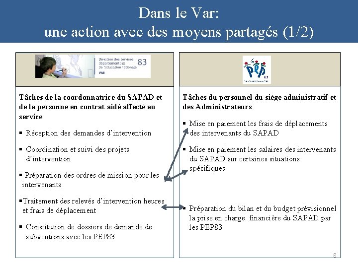 Dans le Var: une action avec des moyens partagés (1/2) Tâches de la coordonnatrice