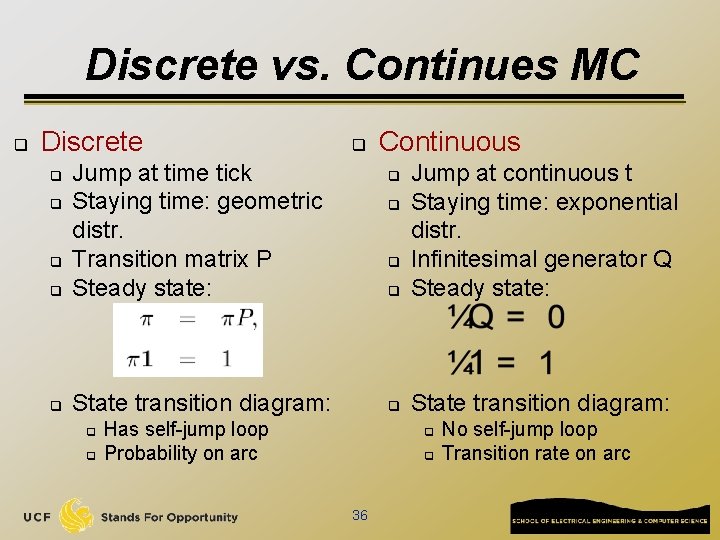Discrete vs. Continues MC q Discrete q Jump at time tick Staying time: geometric