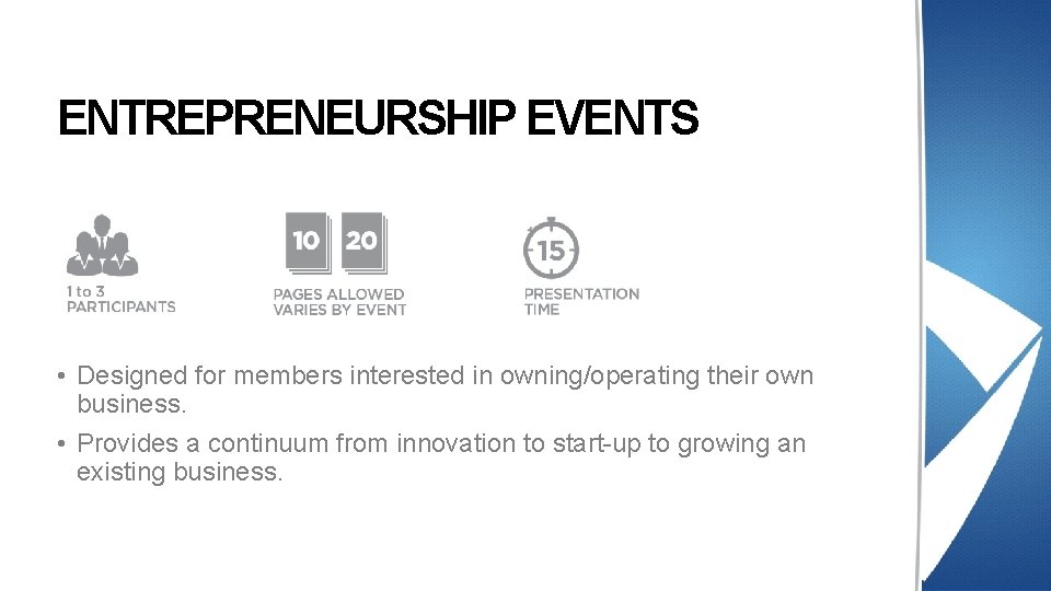 ENTREPRENEURSHIP EVENTS • Designed for members interested in owning/operating their own business. • Provides ENTREPRENEURSHIP EVENTS • Designed for members interested in owning/operating their own business. • Provides