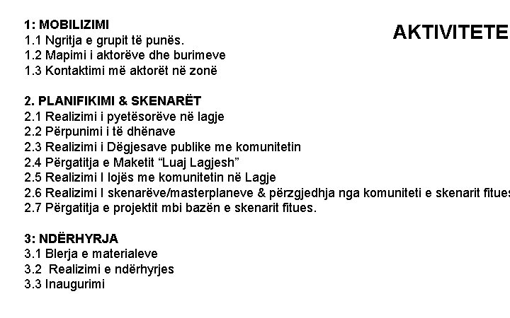 1: MOBILIZIMI 1. 1 Ngritja e grupit të punës. 1. 2 Mapimi i aktorëve