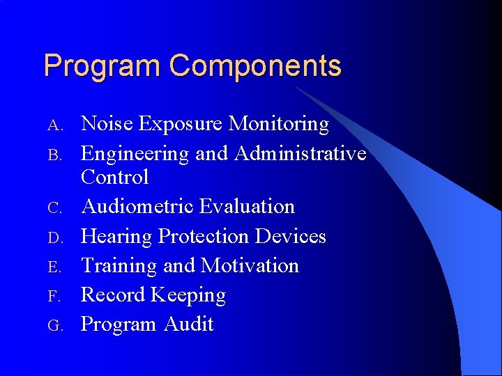 Program Components A. B. C. D. E. F. G. Noise Exposure Monitoring Engineering and