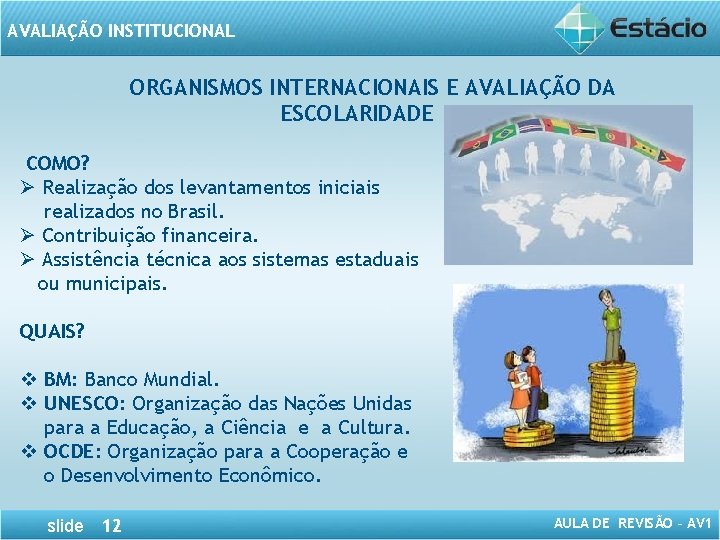 AVALIAÇÃO INSTITUCIONAL ORGANISMOS INTERNACIONAIS E AVALIAÇÃO DA ESCOLARIDADE COMO? Ø Realização dos levantamentos iniciais