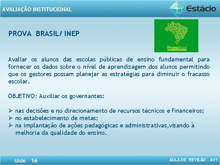 AVALIAÇÃO INSTITUCIONAL PROVA BRASIL/ INEP Avaliar os alunos das escolas públicas de ensino fundamental