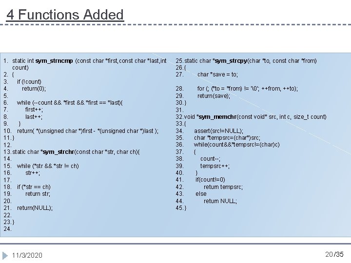 4 Functions Added 1. static int sym_strncmp (const char *first, const char *last, int