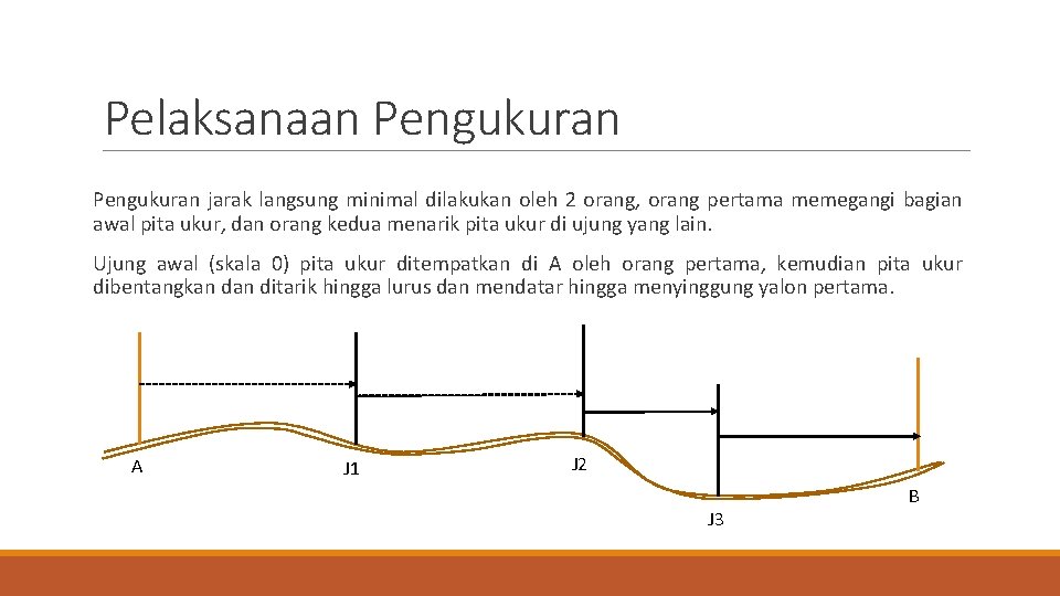 Pelaksanaan Pengukuran jarak langsung minimal dilakukan oleh 2 orang, orang pertama memegangi bagian awal