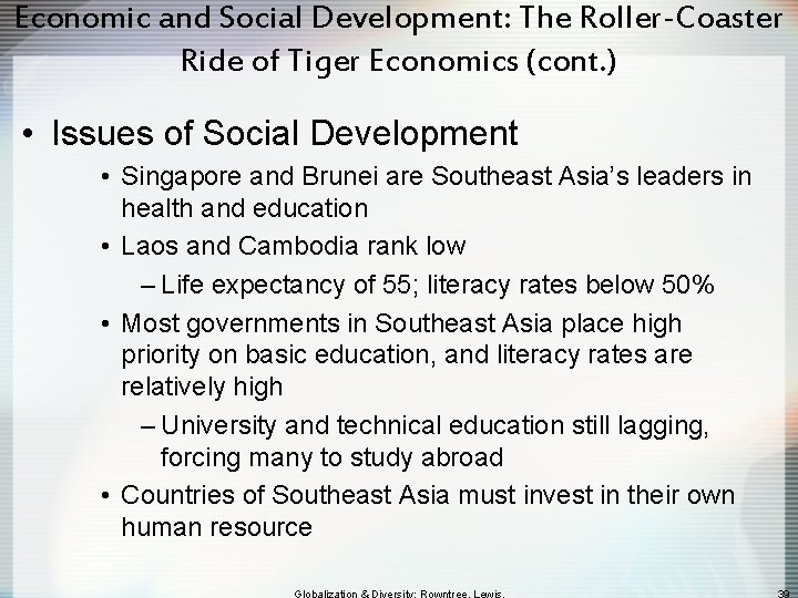 Economic and Social Development: The Roller-Coaster Ride of Tiger Economics (cont. ) • Issues