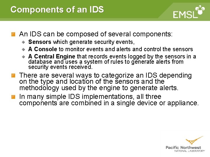 Components of an IDS An IDS can be composed of several components: Sensors which Components of an IDS An IDS can be composed of several components: Sensors which