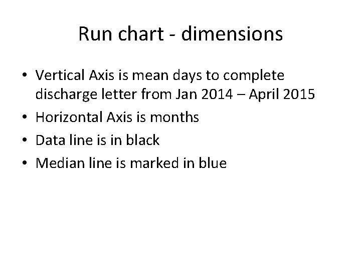 Run chart - dimensions • Vertical Axis is mean days to complete discharge letter