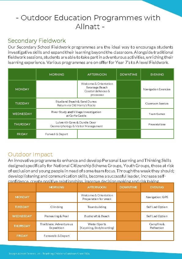 - Outdoor Education Programmes with Allnatt Secondary Fieldwork Our Secondary School Fieldwork programmes are