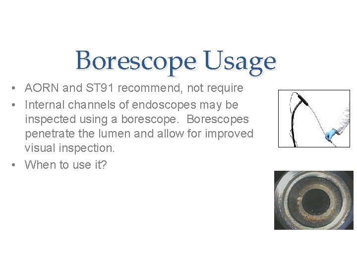 Borescope Usage • AORN and ST 91 recommend, not require • Internal channels of