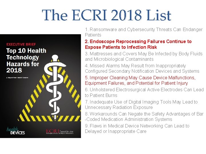 The ECRI 2018 List 1. Ransomware and Cybersecurity Threats Can Endanger Patients 2. Endoscope