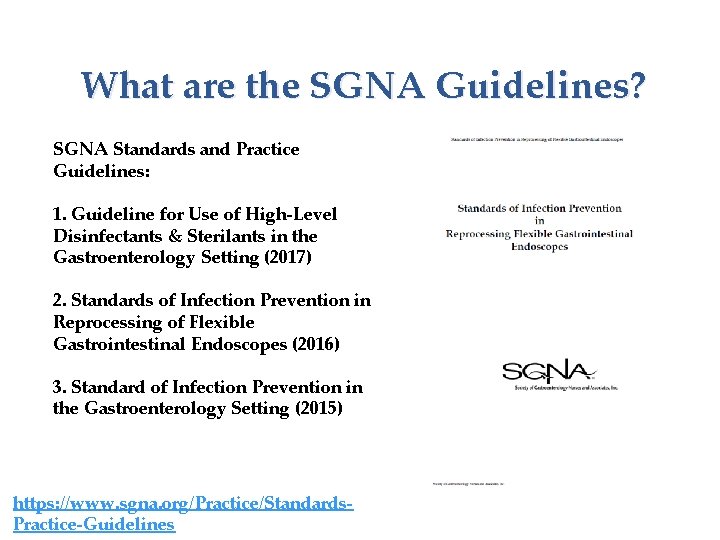 What are the SGNA Guidelines? SGNA Standards and Practice Guidelines: 1. Guideline for Use