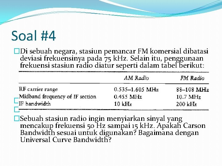 Soal #4 �Di sebuah negara, stasiun pemancar FM komersial dibatasi deviasi frekuensinya pada 75