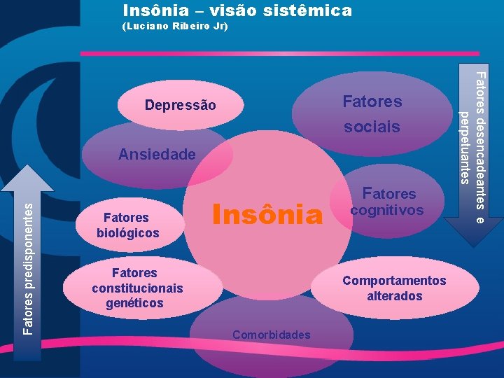 Insônia – visão sistêmica (Luciano Ribeiro Jr) Fatores predisponentes Ansiedade Fatores biológicos Insônia Fatores