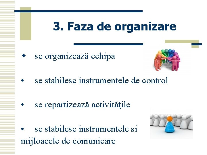 3. Faza de organizare w se organizează echipa • se stabilesc instrumentele de control