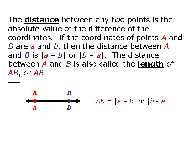 The distance between any two points is the absolute value of the difference of