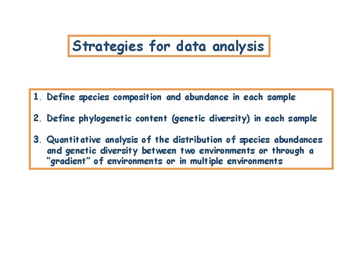 Strategies for data analysis 1. Define species composition and abundance in each sample 2. Strategies for data analysis 1. Define species composition and abundance in each sample 2.