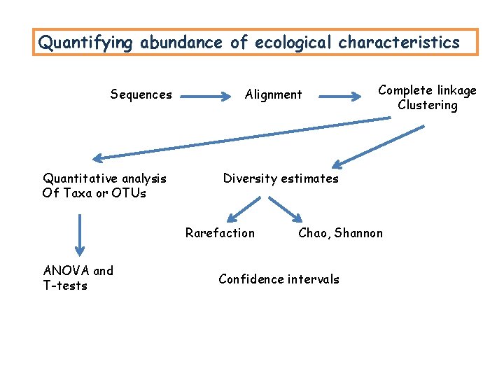 Quantifying abundance of ecological characteristics Sequences Quantitative analysis Of Taxa or OTUs Alignment Diversity Quantifying abundance of ecological characteristics Sequences Quantitative analysis Of Taxa or OTUs Alignment Diversity