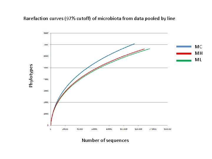 Rarefaction curves (97% cutoff) of microbiota from data pooled by line Phylotypes MC MH Rarefaction curves (97% cutoff) of microbiota from data pooled by line Phylotypes MC MH