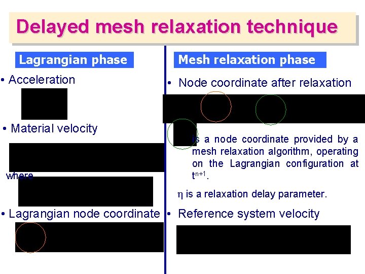 Delayed mesh relaxation technique Lagrangian phase • Acceleration • Material velocity where Mesh relaxation