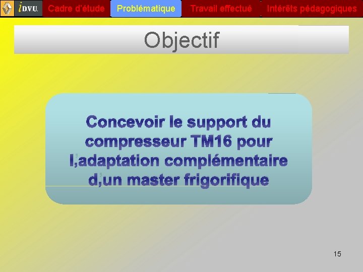 Cadre d’étude Problématique Travail effectué Intérêts pédagogiques Objectif Concevoir le support du compresseur TM