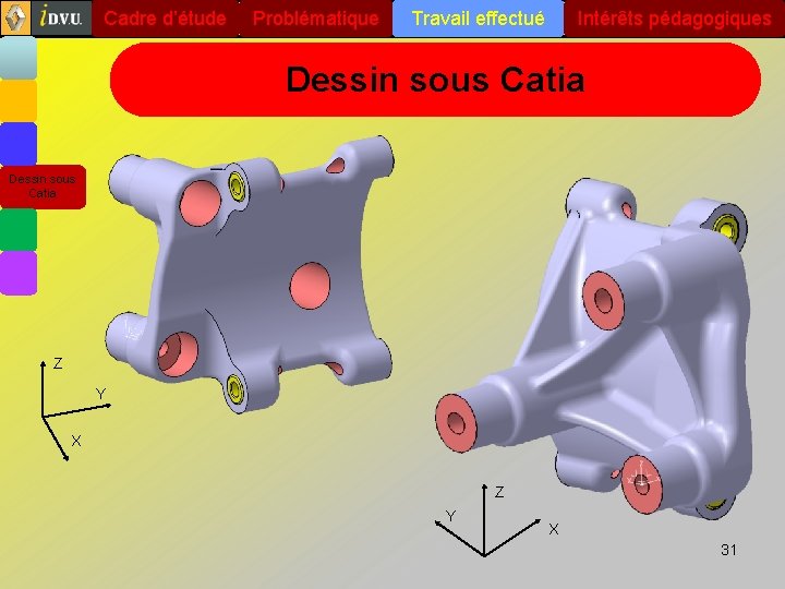 Cadre d’étude Problématique Travail effectué Intérêts pédagogiques Dessin sous Catia Z Y X 31 Cadre d’étude Problématique Travail effectué Intérêts pédagogiques Dessin sous Catia Z Y X 31