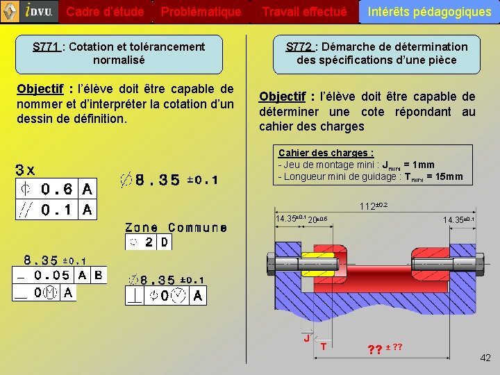 Cadre d’étude Problématique S 771 : Cotation et tolérancement normalisé Objectif : l’élève doit