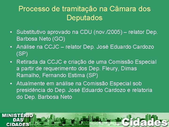 Processo de tramitação na Câmara dos Deputados • Substitutivo aprovado na CDU (nov. /2005) Processo de tramitação na Câmara dos Deputados • Substitutivo aprovado na CDU (nov. /2005)