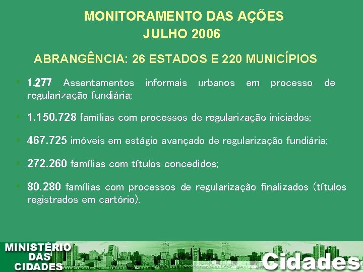 MONITORAMENTO DAS AÇÕES JULHO 2006 ABRANGÊNCIA: 26 ESTADOS E 220 MUNICÍPIOS 1. 277 Assentamentos