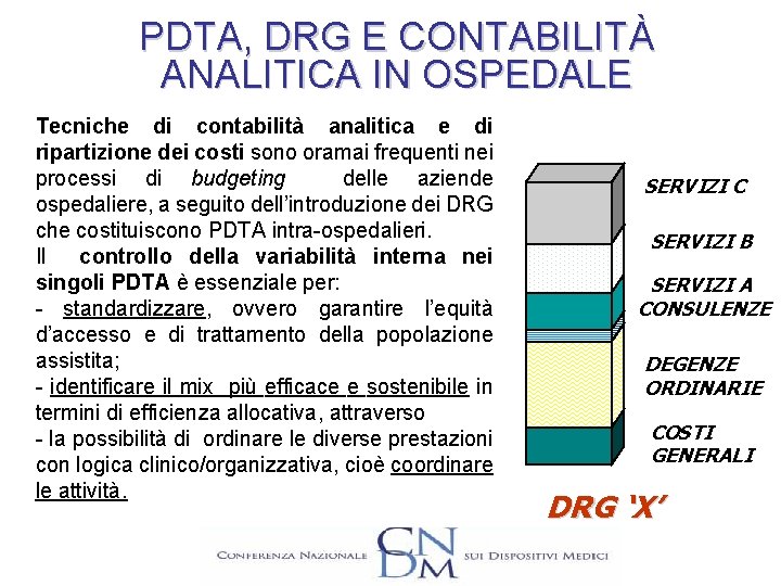 PDTA, DRG E CONTABILITÀ ANALITICA IN OSPEDALE Tecniche di contabilità analitica e di ripartizione