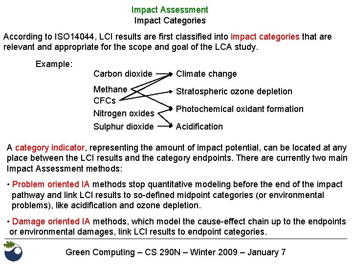 Impact Assessment Impact Categories According to ISO 14044, LCI results are first classified into