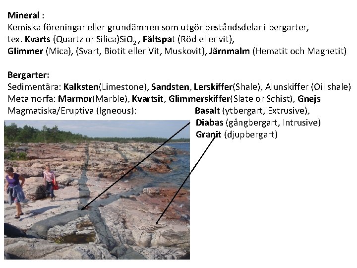 Mineral : Kemiska föreningar eller grundämnen som utgör beståndsdelar i bergarter, tex. Kvarts (Quartz Mineral : Kemiska föreningar eller grundämnen som utgör beståndsdelar i bergarter, tex. Kvarts (Quartz