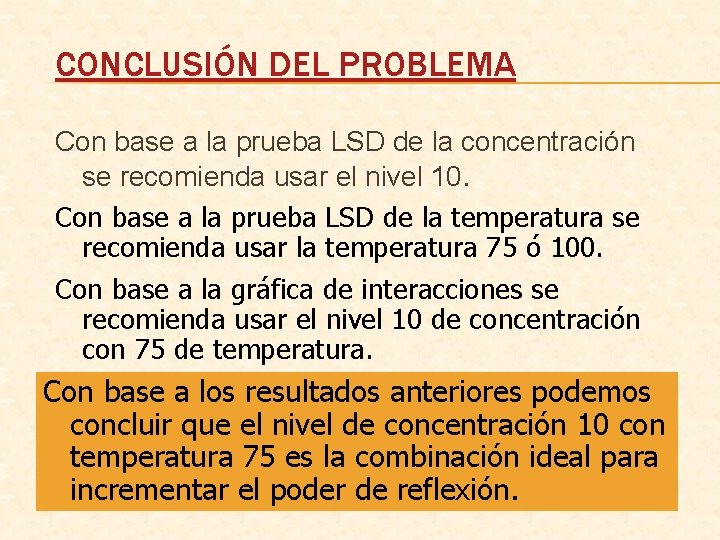 CONCLUSIÓN DEL PROBLEMA Con base a la prueba LSD de la concentración se recomienda