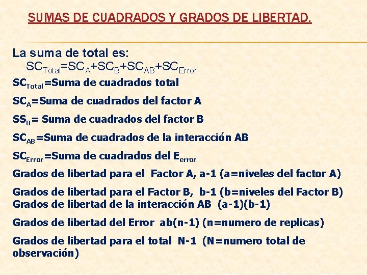 SUMAS DE CUADRADOS Y GRADOS DE LIBERTAD. La suma de total es: SCTotal=SCA+SCB+SCAB+SCError SCTotal=Suma
