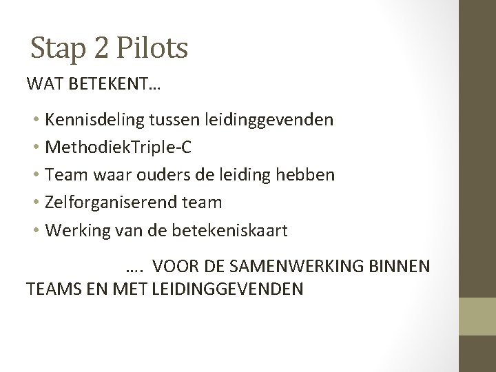 Stap 2 Pilots WAT BETEKENT… • Kennisdeling tussen leidinggevenden • Methodiek. Triple-C • Team