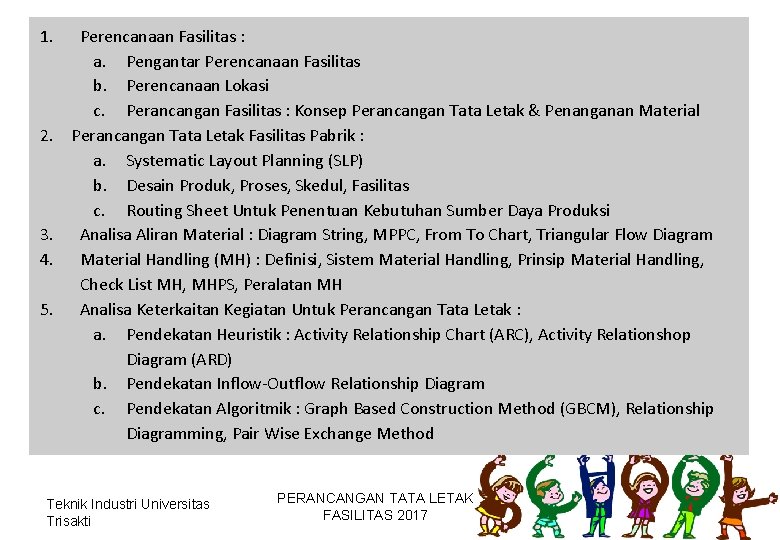 1. 2. 3. 4. 5. Perencanaan Fasilitas : a. Pengantar Perencanaan Fasilitas b. Perencanaan