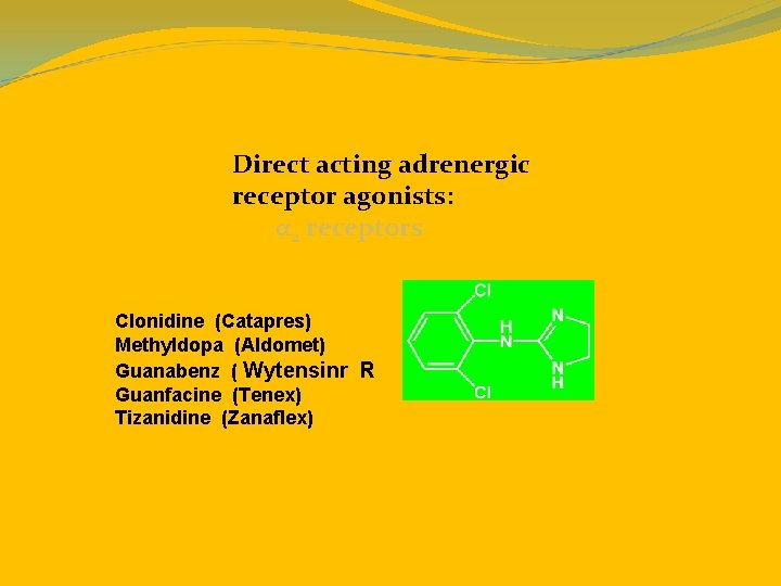 Direct acting adrenergic receptor agonists: α 2 receptors Clonidine (Catapres) Methyldopa (Aldomet) Guanabenz (