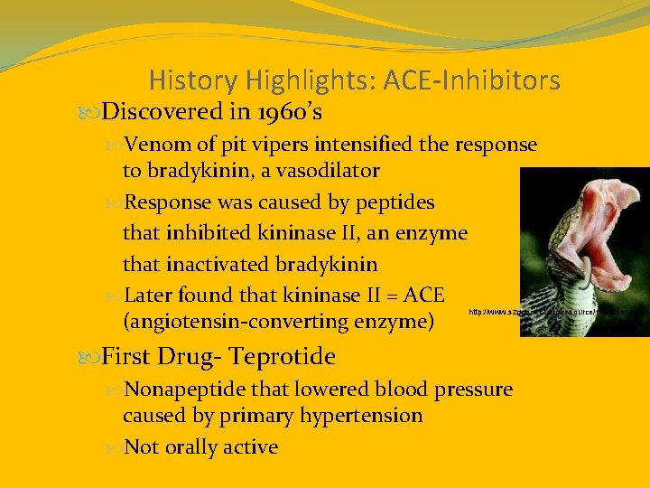 History Highlights: ACE-Inhibitors Discovered in 1960’s Venom of pit vipers intensified the response to