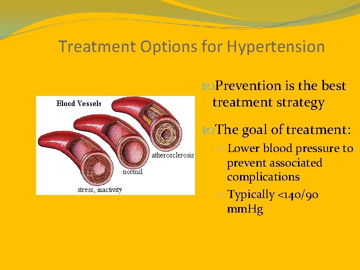 Treatment Options for Hypertension Prevention is the best treatment strategy The goal of treatment: