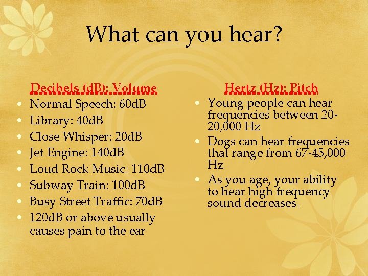 What can you hear? • • Decibels (d. B): Volume Normal Speech: 60 d.