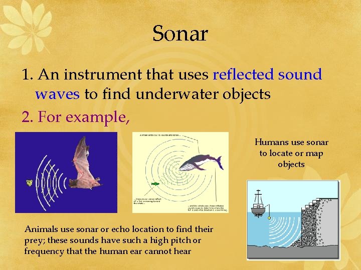 Sonar 1. An instrument that uses reflected sound waves to find underwater objects 2.