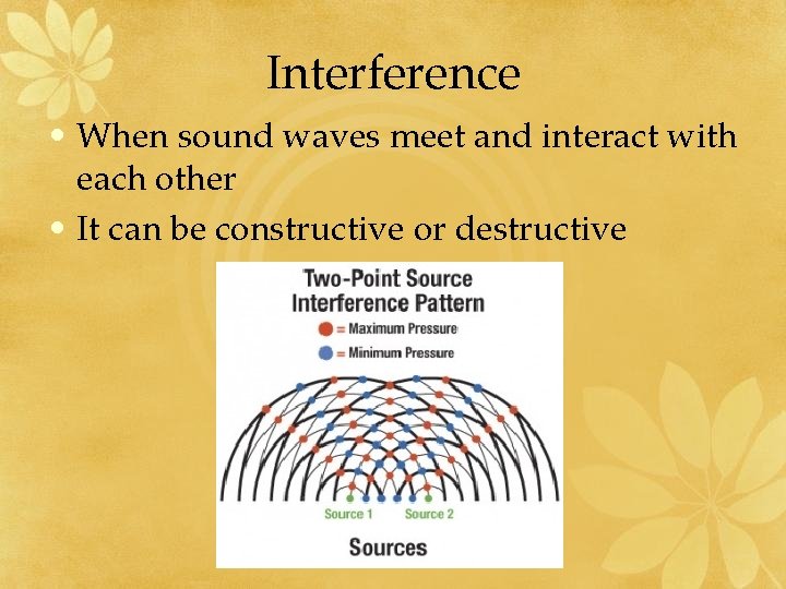 Interference • When sound waves meet and interact with each other • It can