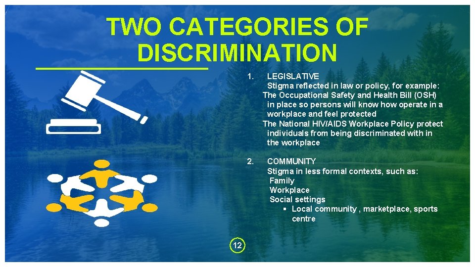 TWO CATEGORIES OF DISCRIMINATION 12 1. LEGISLATIVE Stigma reflected in law or policy, for