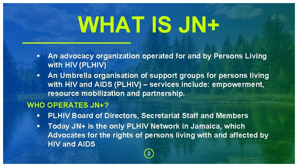 WHAT IS JN+ § § An advocacy organization operated for and by Persons Living